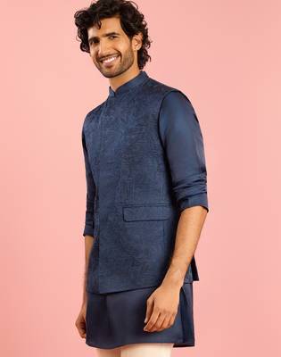 navy blue silk blend nehru jacket | floral thread embroidery all-over design 4