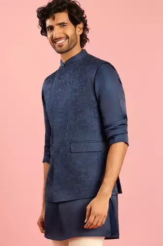 navy blue silk blend nehru jacket | floral thread embroidery all-over design