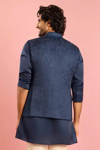 navy blue silk blend nehru jacket | floral thread embroidery all-over design