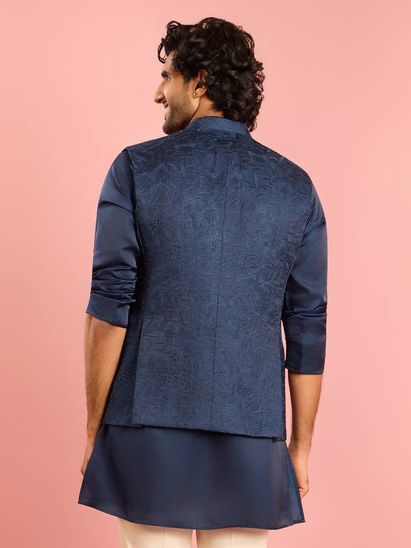 navy blue silk blend nehru jacket | floral thread embroidery all-over design