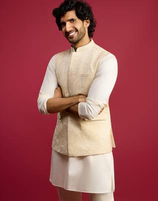 cream silk blend nehru jacket | all-over floral thread embroidery design 1