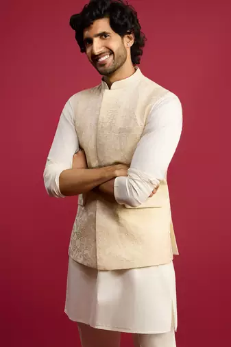 cream silk blend nehru jacket | all-over floral thread embroidery design