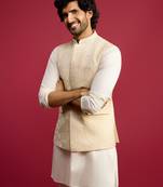 cream silk blend nehru jacket | all-over floral thread embroidery design