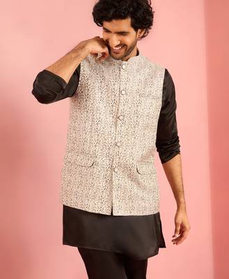 silver nehru jacket | jacquard leaves design with geometric thread embroidery 1
