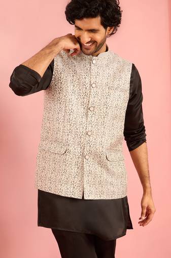 silver nehru jacket | jacquard leaves design with geometric thread embroidery