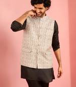silver nehru jacket | jacquard leaves design with geometric thread embroidery