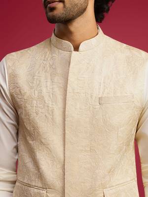 cream silk blend nehru jacket | all-over floral thread embroidery design 2