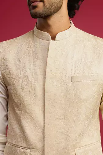 cream silk blend nehru jacket | all-over floral thread embroidery design