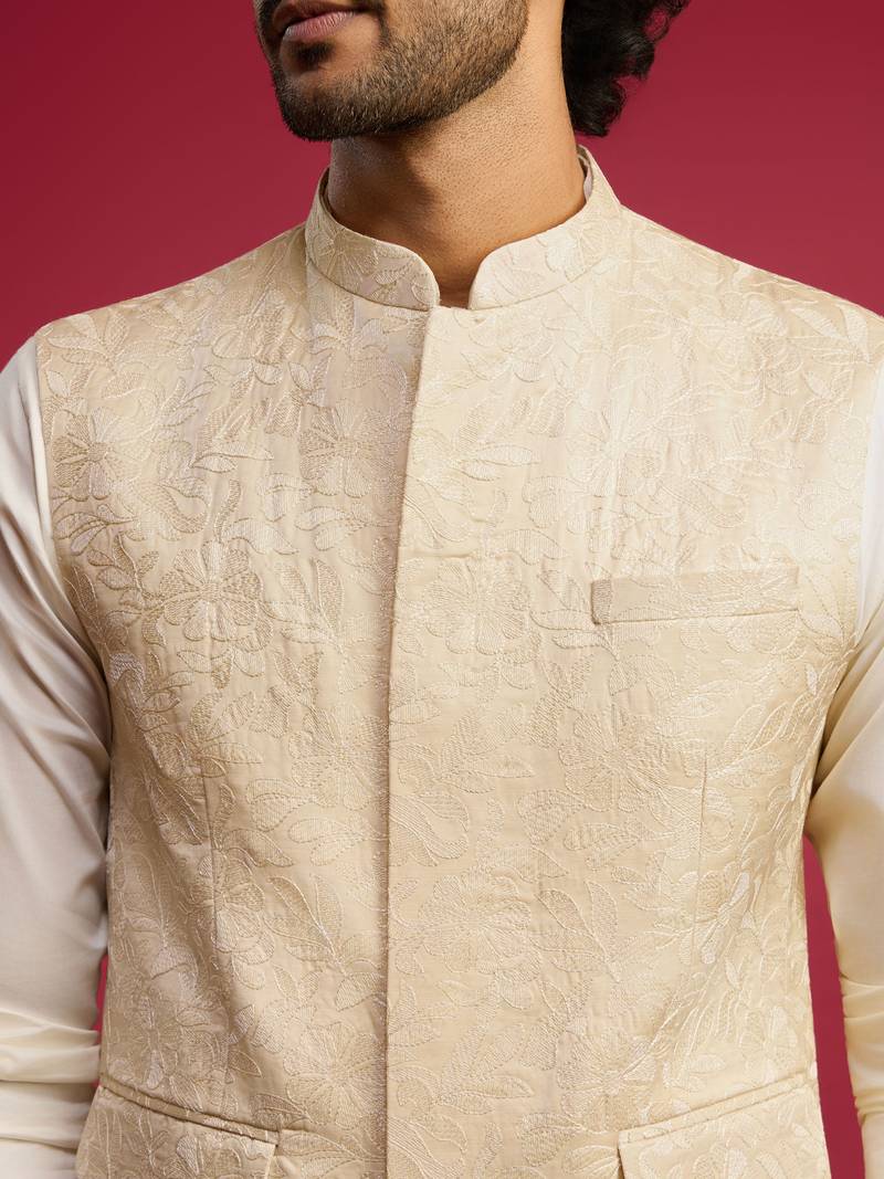 cream silk blend nehru jacket | all-over floral thread embroidery design