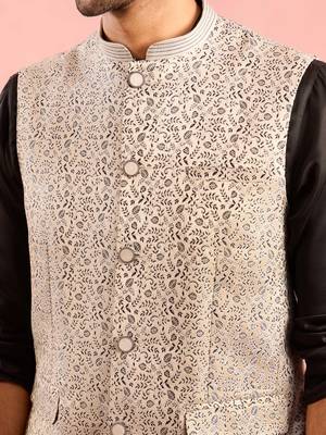 silver nehru jacket | jacquard leaves design with geometric thread embroidery 2