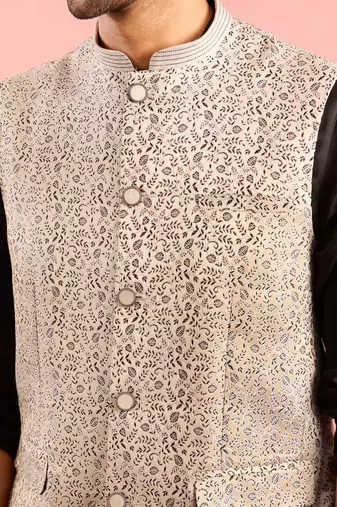 silver nehru jacket | jacquard leaves design with geometric thread embroidery