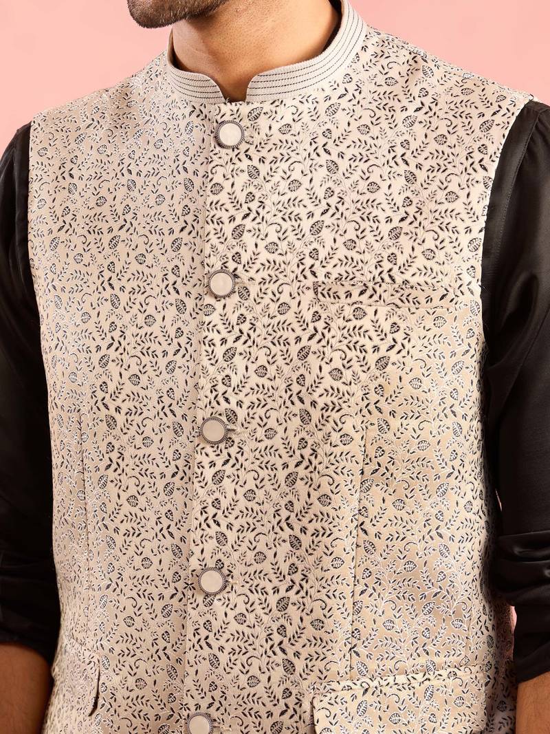 silver nehru jacket | jacquard leaves design with geometric thread embroidery