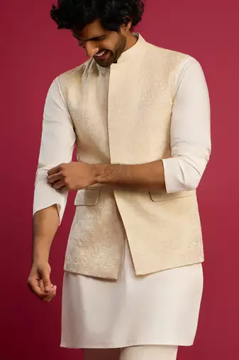 cream silk blend nehru jacket | all-over floral thread embroidery design