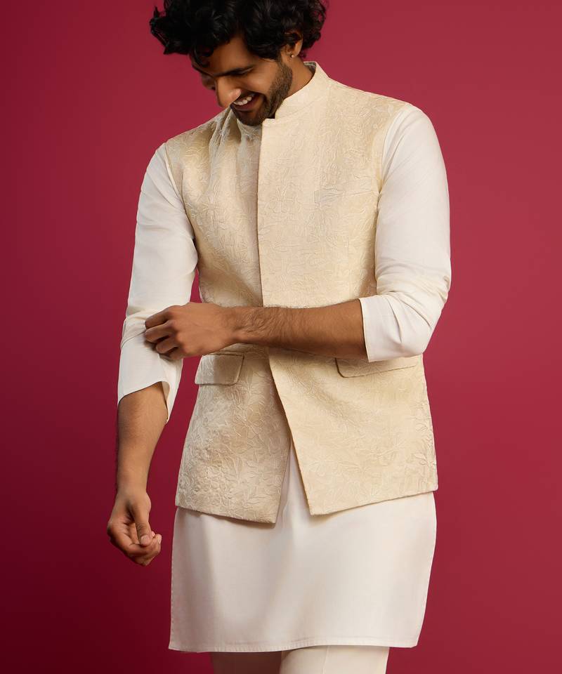 cream silk blend nehru jacket | all-over floral thread embroidery design