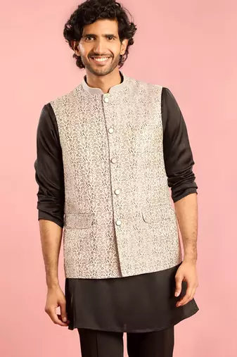 silver nehru jacket | jacquard leaves design with geometric thread embroidery