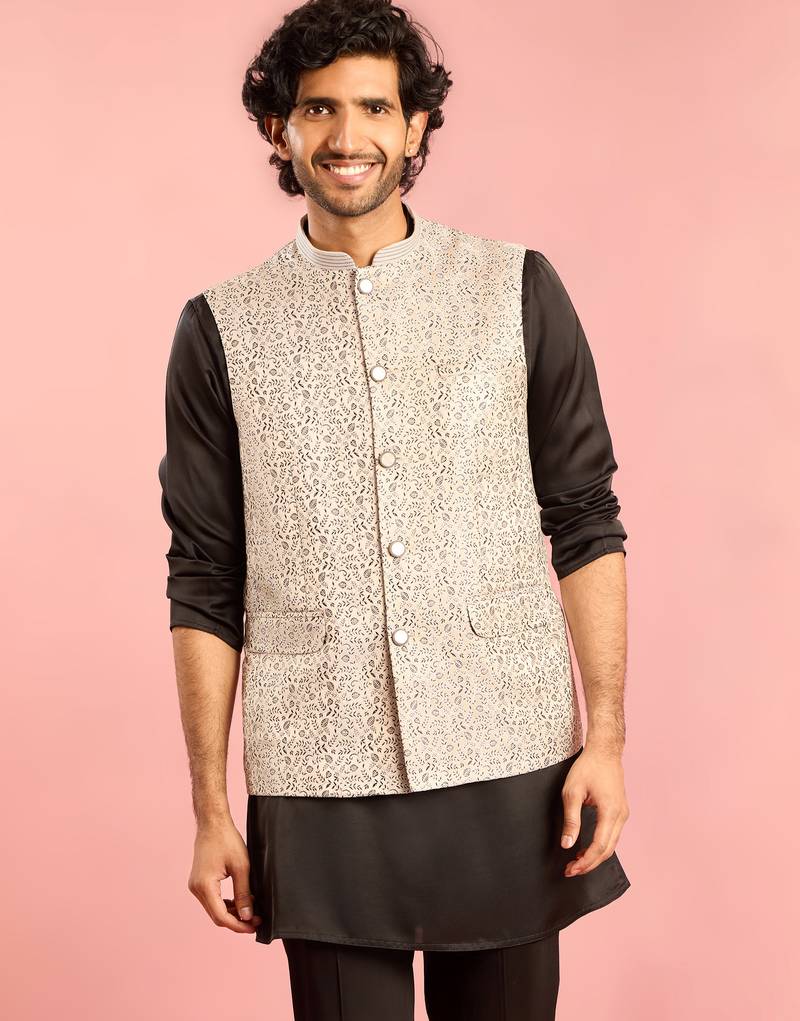 silver nehru jacket | jacquard leaves design with geometric thread embroidery