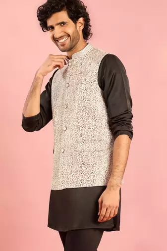 silver nehru jacket | jacquard leaves design with geometric thread embroidery