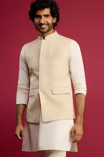 cream silk blend nehru jacket | all-over floral thread embroidery design