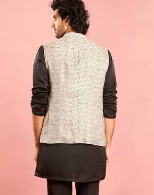 silver nehru jacket | jacquard leaves design with geometric thread embroidery 5