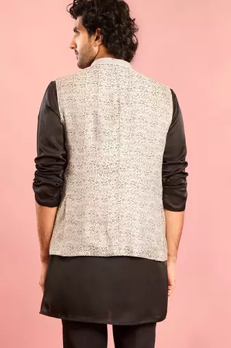 silver nehru jacket | jacquard leaves design with geometric thread embroidery