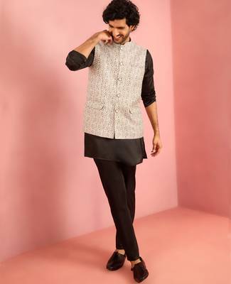 silver geometric jacquard nehru jacket with black kurta pyjama set | wedding party wear 1