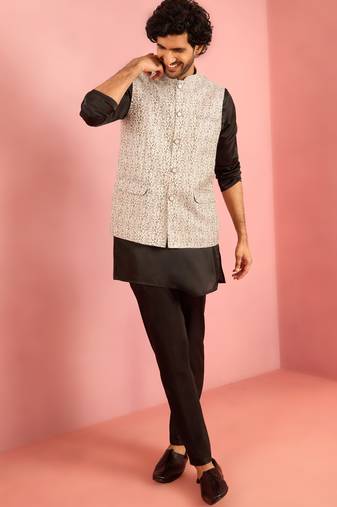 silver geometric jacquard nehru jacket with black kurta pyjama set | wedding party wear