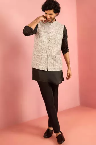 silver geometric jacquard nehru jacket with black kurta pyjama set | wedding party wear