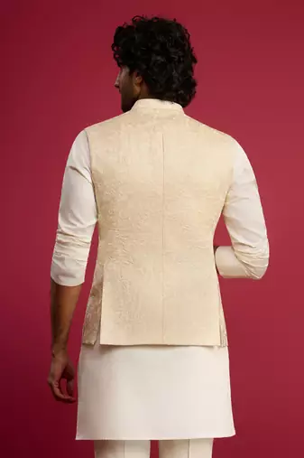 cream silk blend nehru jacket | all-over floral thread embroidery design