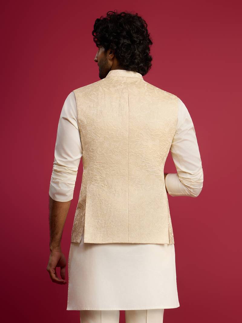 cream silk blend nehru jacket | all-over floral thread embroidery design