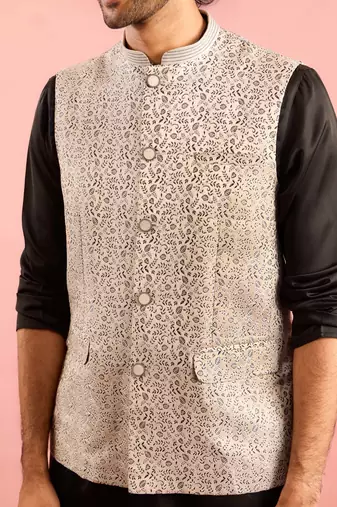 silver geometric jacquard nehru jacket with black kurta pyjama set | wedding party wear