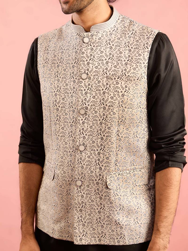 silver geometric jacquard nehru jacket with black kurta pyjama set | wedding party wear