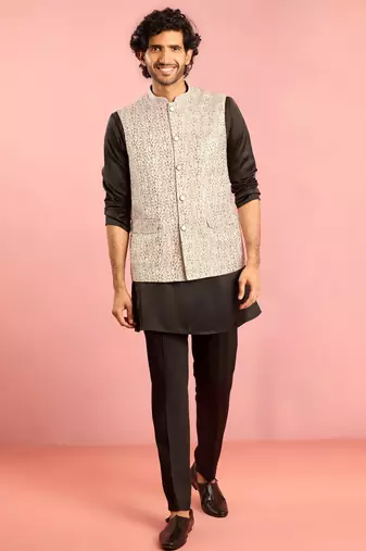 silver geometric jacquard nehru jacket with black kurta pyjama set | wedding party wear