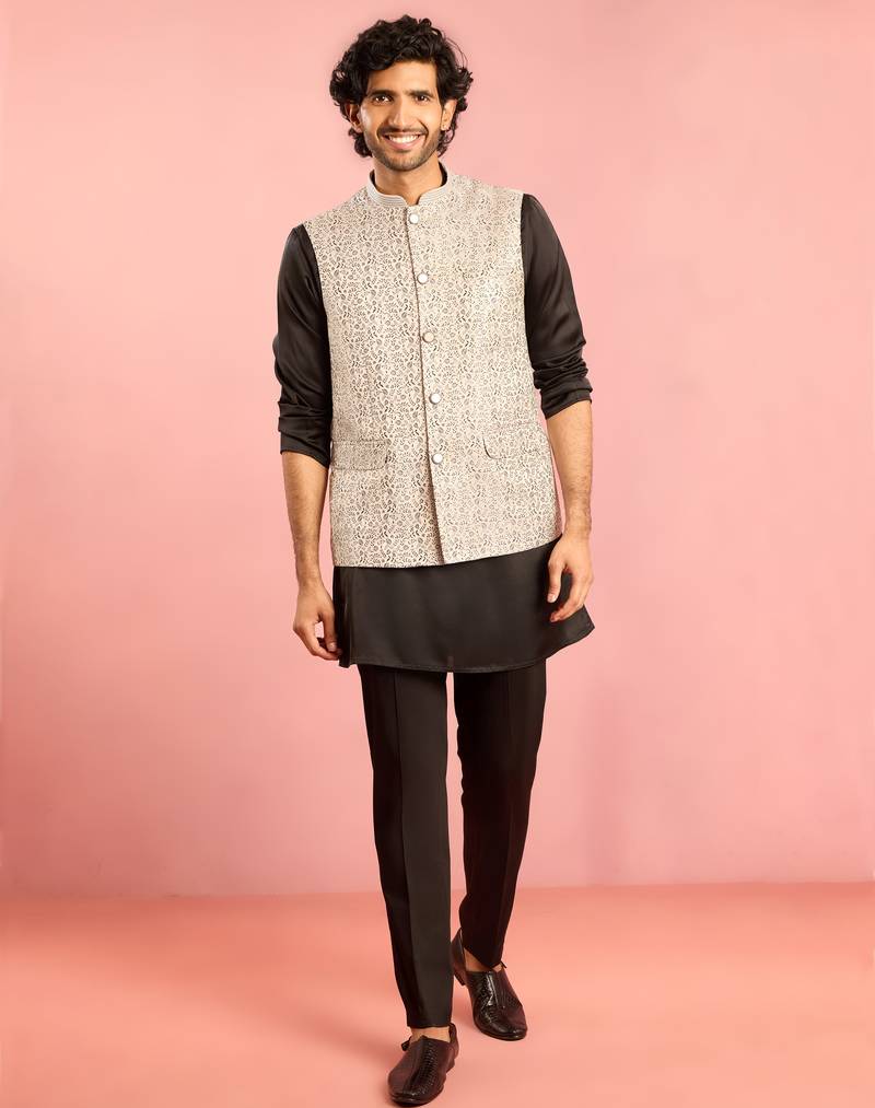 silver geometric jacquard nehru jacket with black kurta pyjama set | wedding party wear