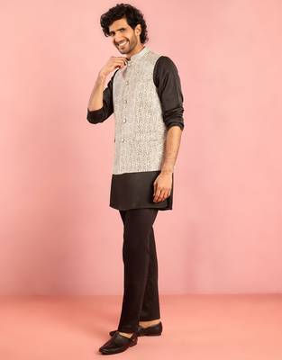 silver geometric jacquard nehru jacket with black kurta pyjama set | wedding party wear 4