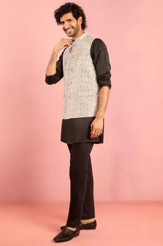 silver geometric jacquard nehru jacket with black kurta pyjama set | wedding party wear
