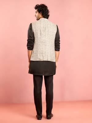 silver geometric jacquard nehru jacket with black kurta pyjama set | wedding party wear 5