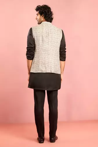 silver geometric jacquard nehru jacket with black kurta pyjama set | wedding party wear