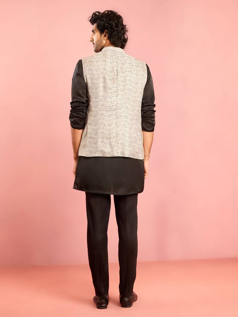 silver geometric jacquard nehru jacket with black kurta pyjama set | wedding party wear