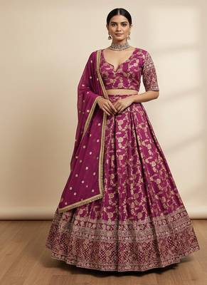 wine jacquard lehenga choli gold thread sequin work 1