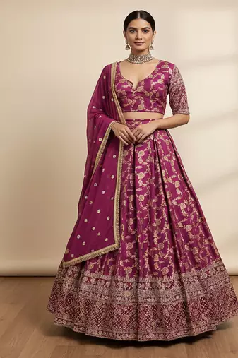 wine jacquard lehenga choli gold thread sequin work
