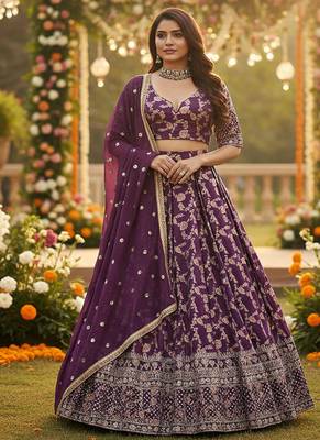 purple jacquard sequin thread work lehenga choli set 1
