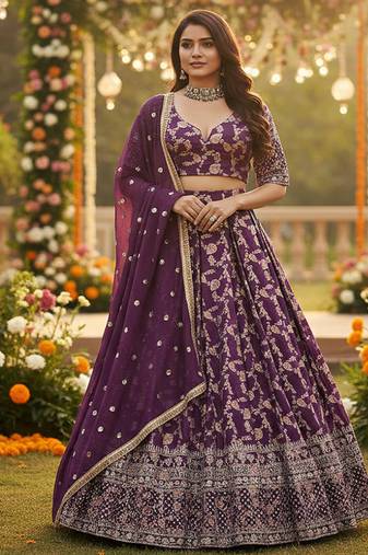 purple jacquard sequin thread work lehenga choli set