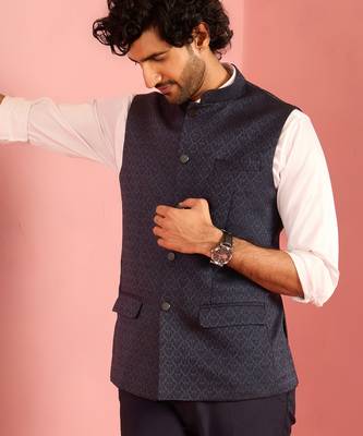 navy blue nehru jacket | jacquard floral pattern in imported suiting fabric 1