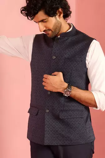 navy blue nehru jacket | jacquard floral pattern in imported suiting fabric