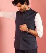 navy blue nehru jacket | jacquard floral pattern in imported suiting fabric