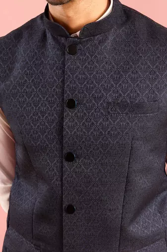 navy blue nehru jacket | jacquard floral pattern in imported suiting fabric