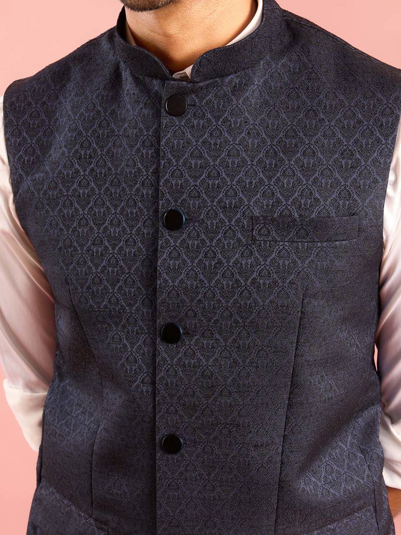 navy blue nehru jacket | jacquard floral pattern in imported suiting fabric