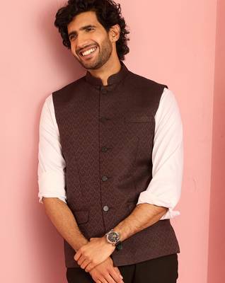 chocolate brown nehru jacket | jacquard floral design in imported suiting fabric 1