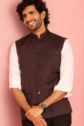 chocolate brown nehru jacket | jacquard floral design in imported suiting fabric