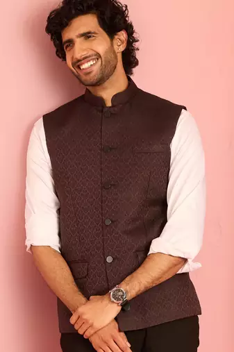 chocolate brown nehru jacket | jacquard floral design in imported suiting fabric